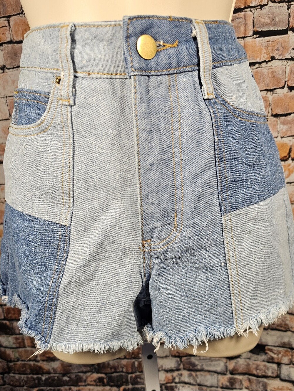 Peach Love California Two-Tone Patchwork Denim Jean Shorts - Light & Medium Blue